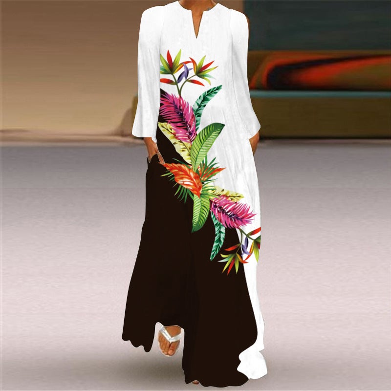 European Women's Printed Long Sleeve Dress with V-Neckline - Image 3