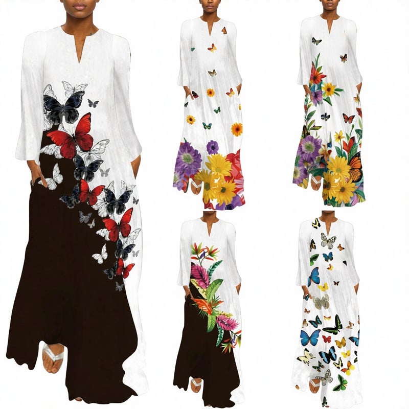 European Women's Printed Long Sleeve Dress with V-Neckline - Image 1