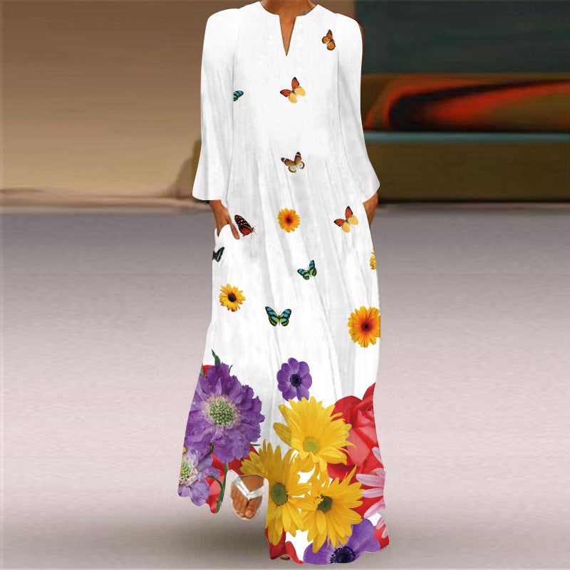 European Women's Printed Long Sleeve Dress with V-Neckline - Image 2