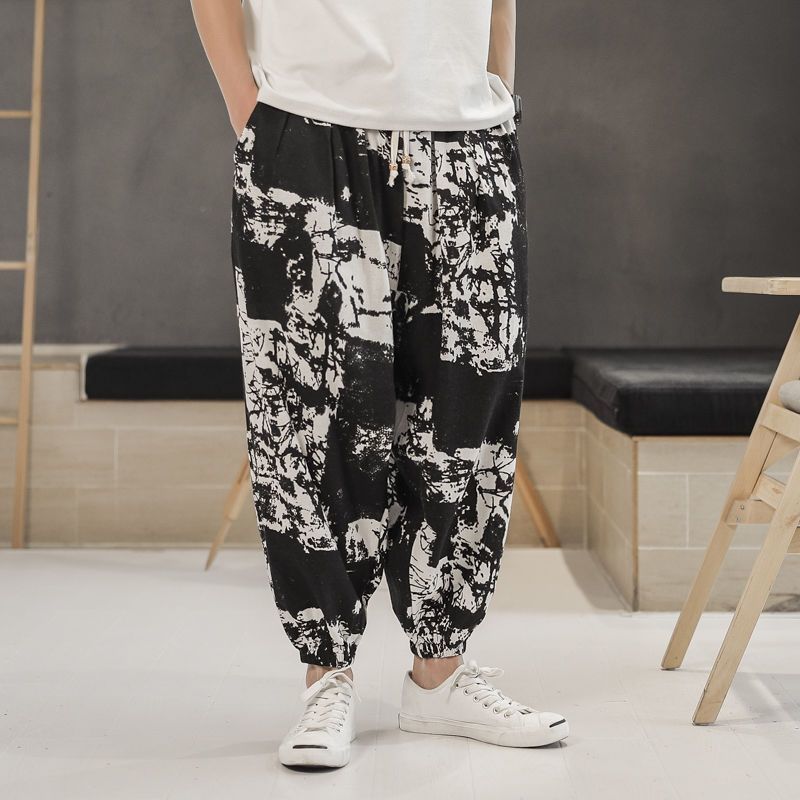 Mens Chinese Style Cotton Linen Wide Leg Pants ink black ink black