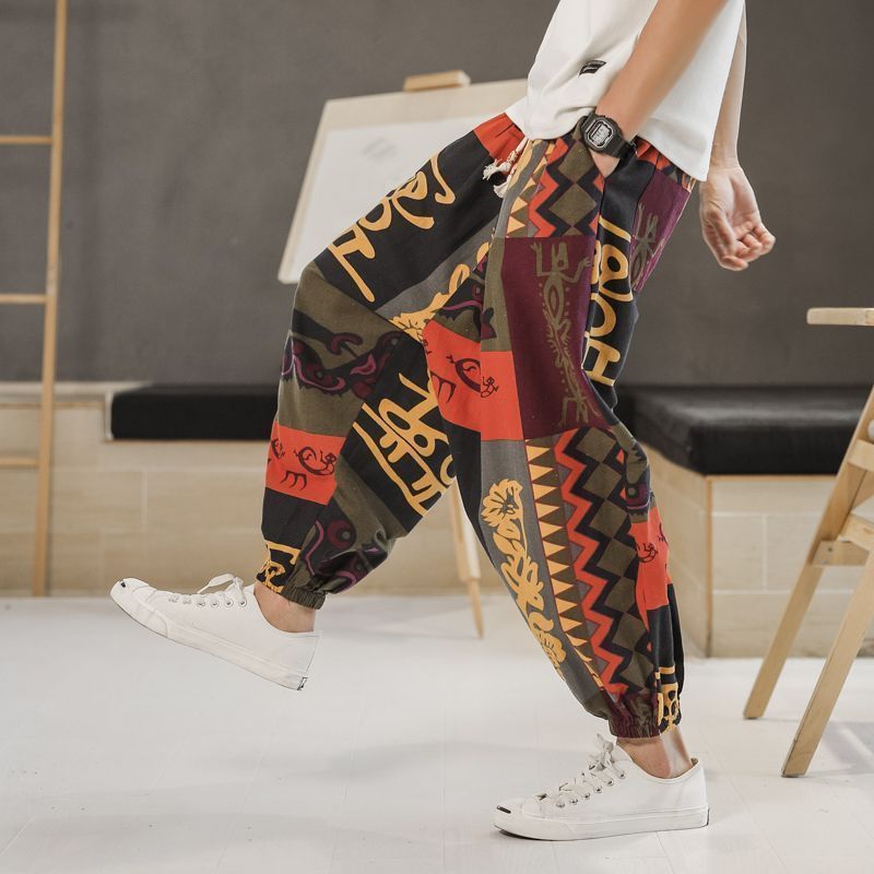 Mens Chinese Style Cotton Linen Wide Leg Pants ink black ink black