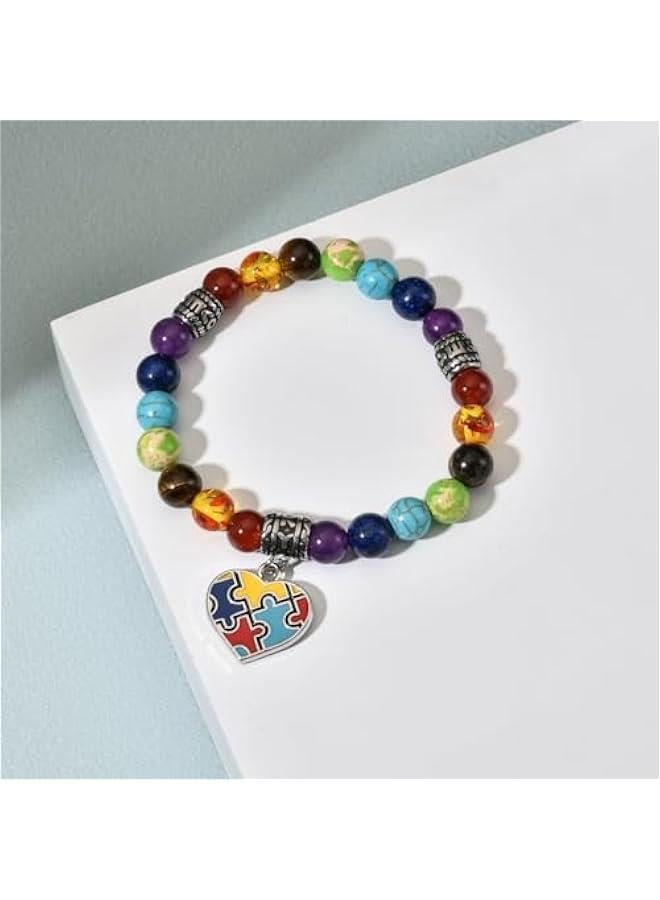 Arabest Puzzle Piece Autism Autistic Bracelet 7 Chakra Beads Elastic Jewelry Bracelet - Image 2