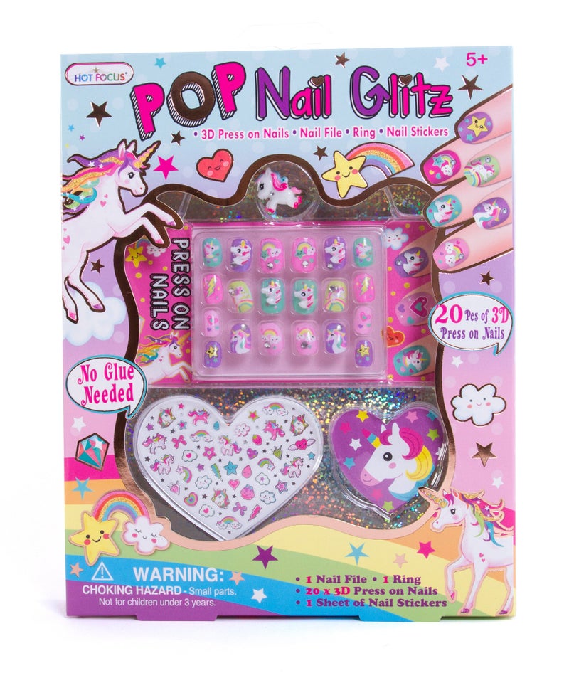 Hot Focus Unicorn Nail Art Kit - 3D Press On Nails, Stickers, File & Ring - 65 Piece Set for Girls 5+ - Image 1
