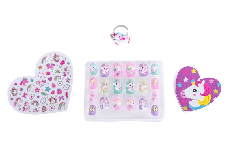 Hot Focus Unicorn Nail Art Kit - 3D Press On Nails, Stickers, File & Ring - 65 Piece Set for Girls 5+ - Image 2