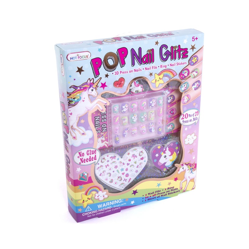 Hot Focus Unicorn Nail Art Kit - 3D Press On Nails, Stickers, File & Ring - 65 Piece Set for Girls 5+ - Image 5