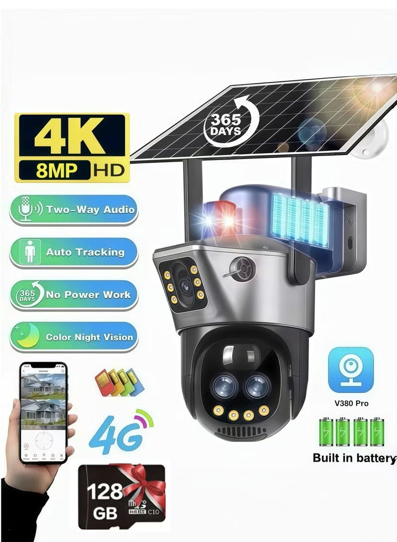 Generic (With 128GB SD Card)8MP 4K Dual Lens Solar Security Cameras 4G Outdoor，360° View Pan/Tilt Home Security Camera with Color Night Vision, Easy to Install PIR Human Detection Night Vision Camera Seguranca  Waterproof Outdoor Auto Tracking CCTV Cam - Image 1