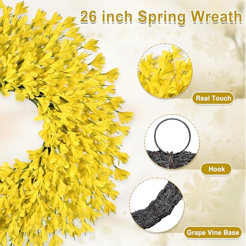 RHTRJ 26 Inch Spring Wreaths for Front Door Large Easter Valentines Forsythia Floral Summer Spring Door Wreaths Outdoor All Season Spring Decorations for Home Porch Room Window Wall Farmhouse Decor (Yellow) - Image 3