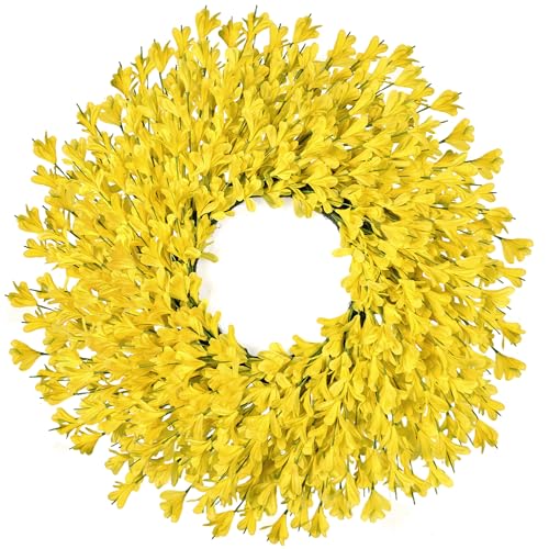 RHTRJ 26 Inch Spring Wreaths for Front Door Large Easter Valentines Forsythia Floral Summer Spring Door Wreaths Outdoor All Season Spring Decorations for Home Porch Room Window Wall Farmhouse Decor (Yellow) - Image 1