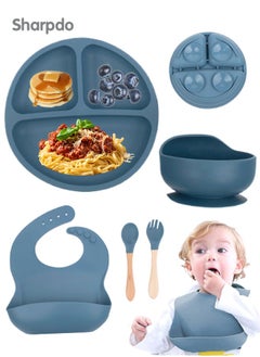Sharpdo Silicone Baby Tableware Set, 5 Piece Baby Feeding Set with Suction Bowl and Divided Plate, Wooden Spoon and Fork, Toddler  Led Weaning Supplies with Adjustable Soft Silicone Bib  - Image 1