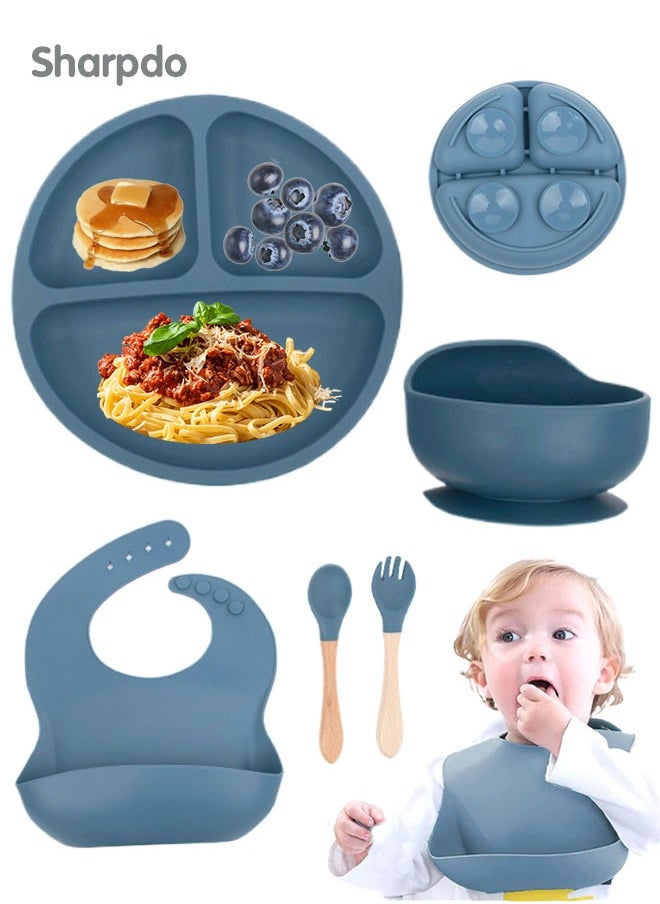 Sharpdo Silicone Baby Tableware Set, 5 Piece Baby Feeding Set with Suction Bowl and Divided Plate, Wooden Spoon and Fork, Toddler  Led Weaning Supplies with Adjustable Soft Silicone Bib  - Image 1