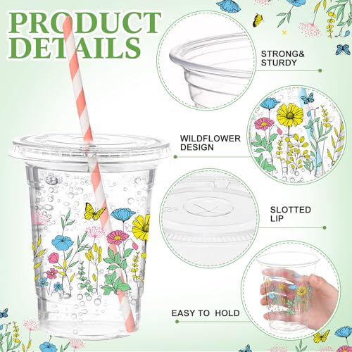 Funnymoom 50 Pcs Spring Wildflower Disposable Cups with Lids and Straw 12 oz Floral Plastic Cups Flower Drinking Cups for Spring Summer Birthday Tea Party Baby Shower Party Supplies - Image 3