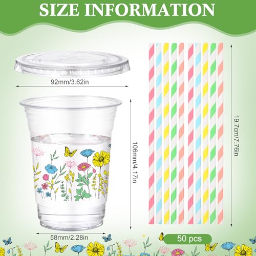 Funnymoom 50 Pcs Spring Wildflower Disposable Cups with Lids and Straw 12 oz Floral Plastic Cups Flower Drinking Cups for Spring Summer Birthday Tea Party Baby Shower Party Supplies - Image 2