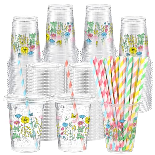 Funnymoom 50 Pcs Spring Wildflower Disposable Cups with Lids and Straw 12 oz Floral Plastic Cups Flower Drinking Cups for Spring Summer Birthday Tea Party Baby Shower Party Supplies - Image 1