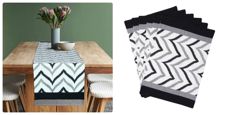Dekor World Chevron Printed Black Cotton Table Runner with 4 Pcs Place Mat (33x120cm/33x47cm) (Pack of 5 Piece)-4 Seater Dinning & Center Table - Image 4