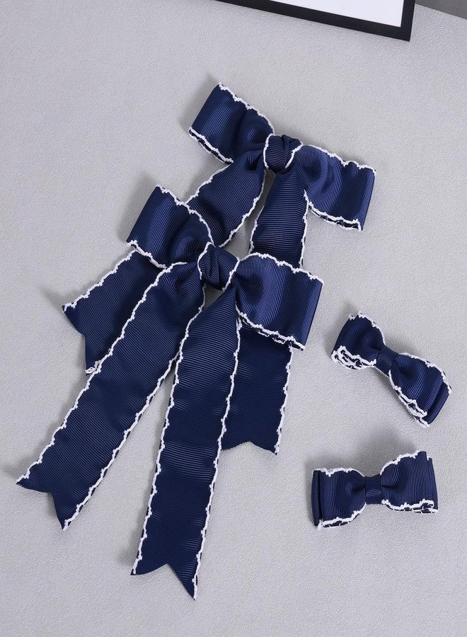 ميروكش 4 قطع من ربطات الشعر الطويلة باللون الأزرق الداكن، مزينة بشريط غروغرين بغرزة القمر، مقاس 5 و3 بوصات، مثالية للعودة إلى المدرسة، مع مشابك شعر على شكل فيونكة ومشابك شعر على شكل فيونكة، إكسسوارات لتزيين ذيل الحصان للفتيات الصغيرات والمراهقات. - Image 2