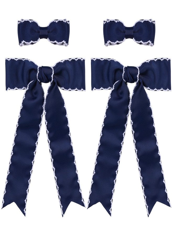 ميروكش 4 قطع من ربطات الشعر الطويلة باللون الأزرق الداكن، مزينة بشريط غروغرين بغرزة القمر، مقاس 5 و3 بوصات، مثالية للعودة إلى المدرسة، مع مشابك شعر على شكل فيونكة ومشابك شعر على شكل فيونكة، إكسسوارات لتزيين ذيل الحصان للفتيات الصغيرات والمراهقات. - Image 1
