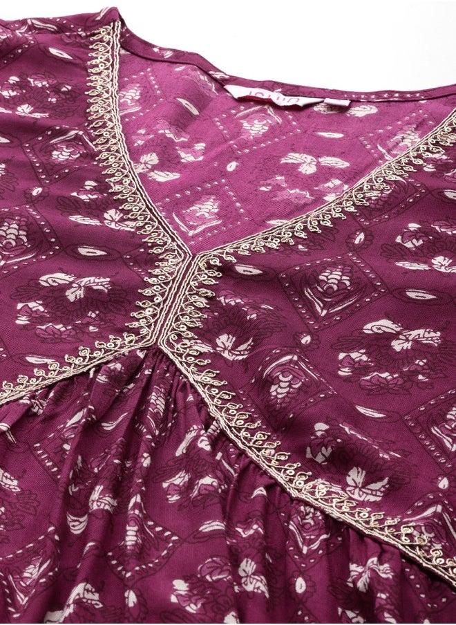 ISHIN Women's Mauve 100% Cotton Printed A-Line Kurta Set  - Image 2