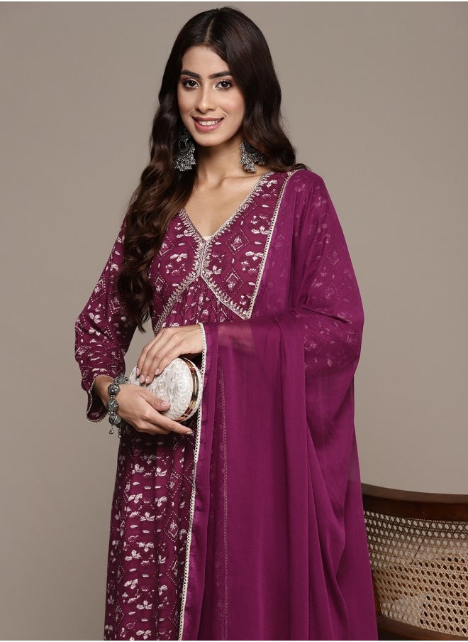 ISHIN Women's Mauve 100% Cotton Printed A-Line Kurta Set  - Image 1