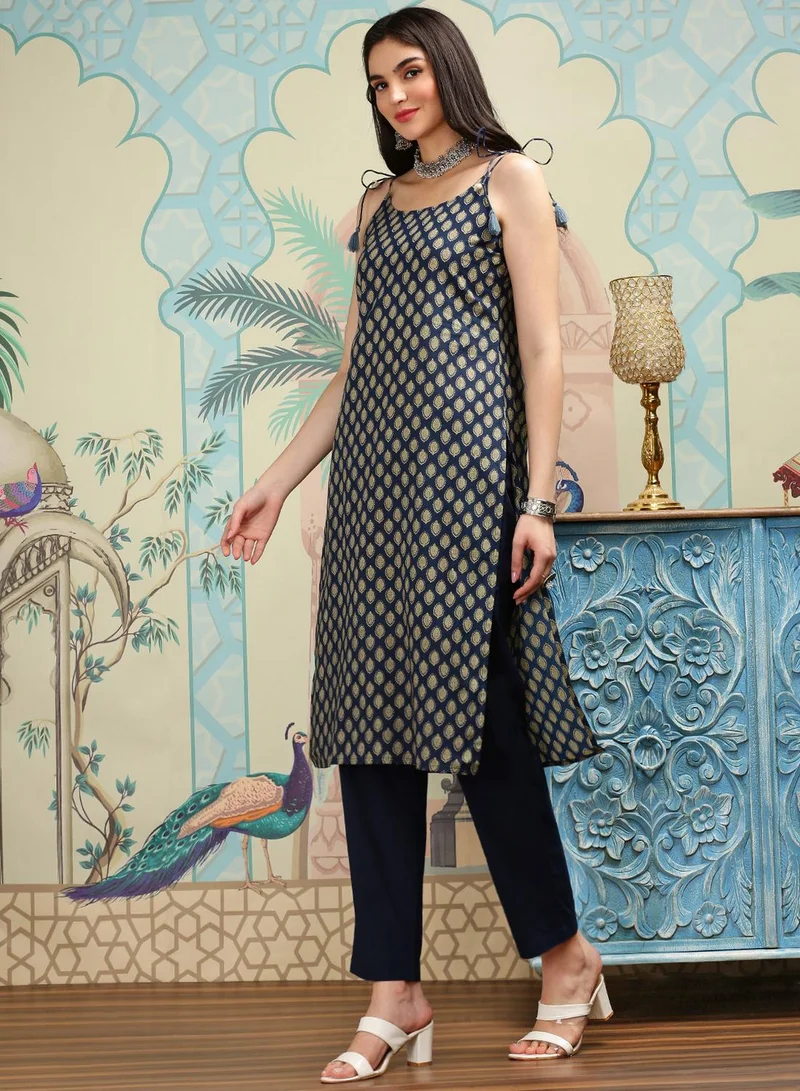 ISHIN Women's Indigo Blue 100% Cotton Printed Straight Fit Kurta Set