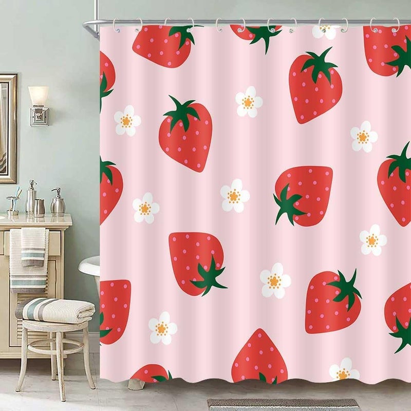 SIMSAN Cute Strawberry 72x72 Shower Curtain Modern Aesthetic Light Pink Shower Curtain Flower Fruit Polyester Fabric Shower Curtain Bathroom for Girly for Girls Kids with 12 Hooks Washable - Image 1