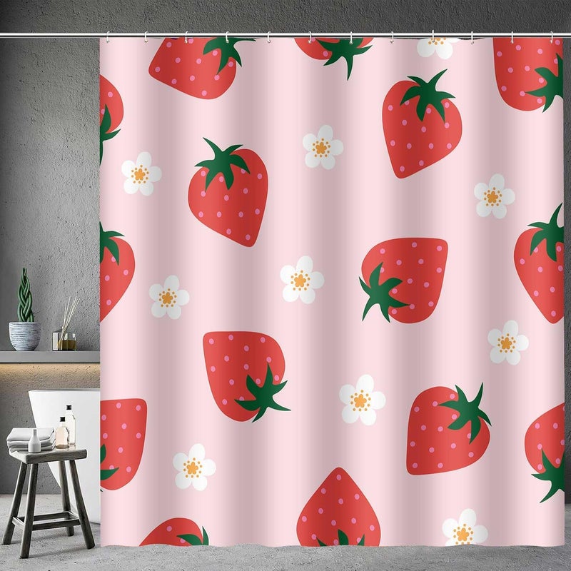 SIMSAN Cute Strawberry 72x72 Shower Curtain Modern Aesthetic Light Pink Shower Curtain Flower Fruit Polyester Fabric Shower Curtain Bathroom for Girly for Girls Kids with 12 Hooks Washable - Image 2
