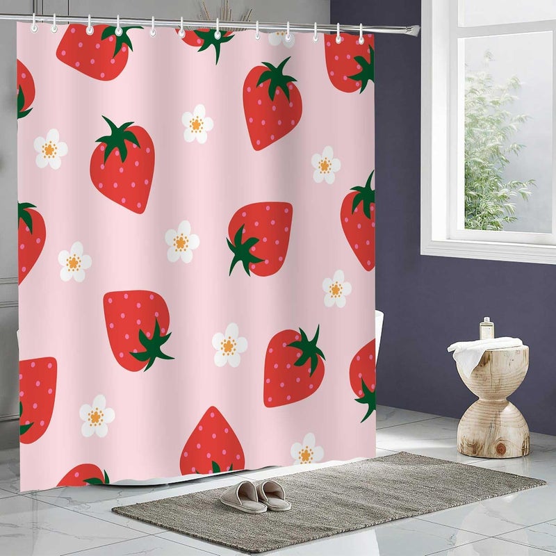 SIMSAN Cute Strawberry 72x72 Shower Curtain Modern Aesthetic Light Pink Shower Curtain Flower Fruit Polyester Fabric Shower Curtain Bathroom for Girly for Girls Kids with 12 Hooks Washable - Image 3