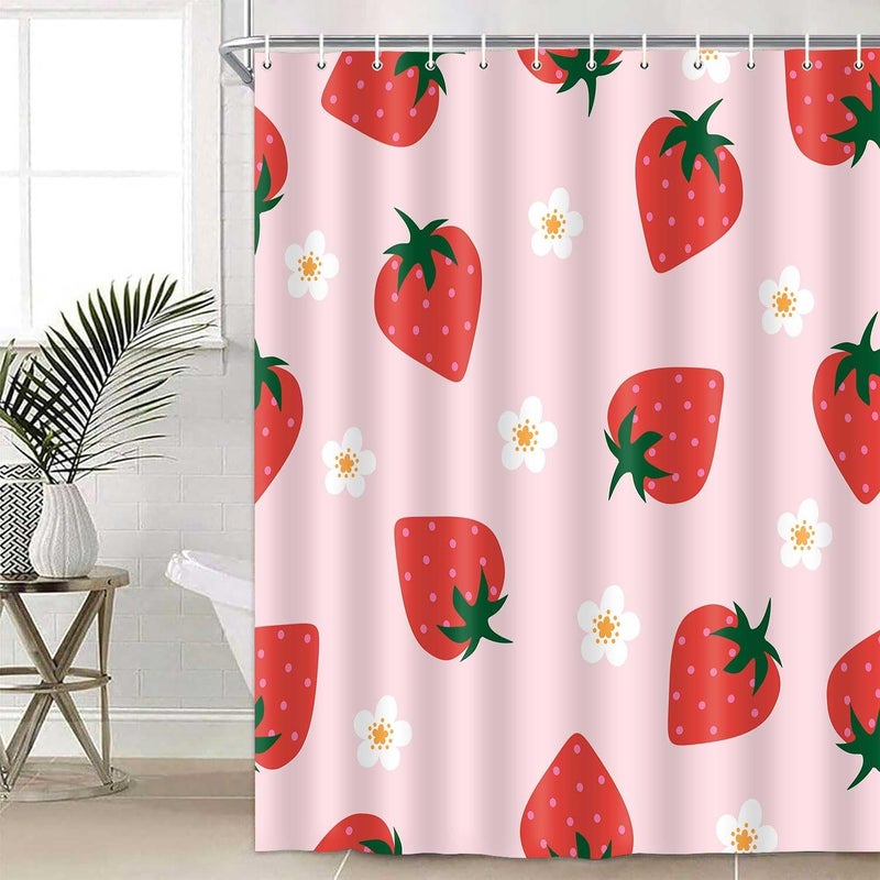 SIMSAN Cute Strawberry 72x72 Shower Curtain Modern Aesthetic Light Pink Shower Curtain Flower Fruit Polyester Fabric Shower Curtain Bathroom for Girly for Girls Kids with 12 Hooks Washable - Image 4