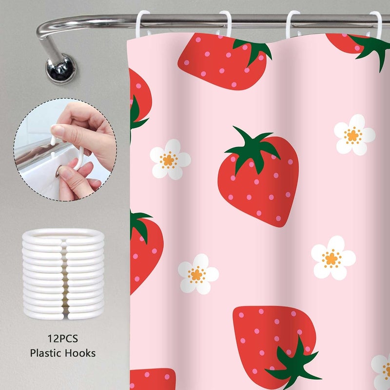SIMSAN Cute Strawberry 72x72 Shower Curtain Modern Aesthetic Light Pink Shower Curtain Flower Fruit Polyester Fabric Shower Curtain Bathroom for Girly for Girls Kids with 12 Hooks Washable - Image 5