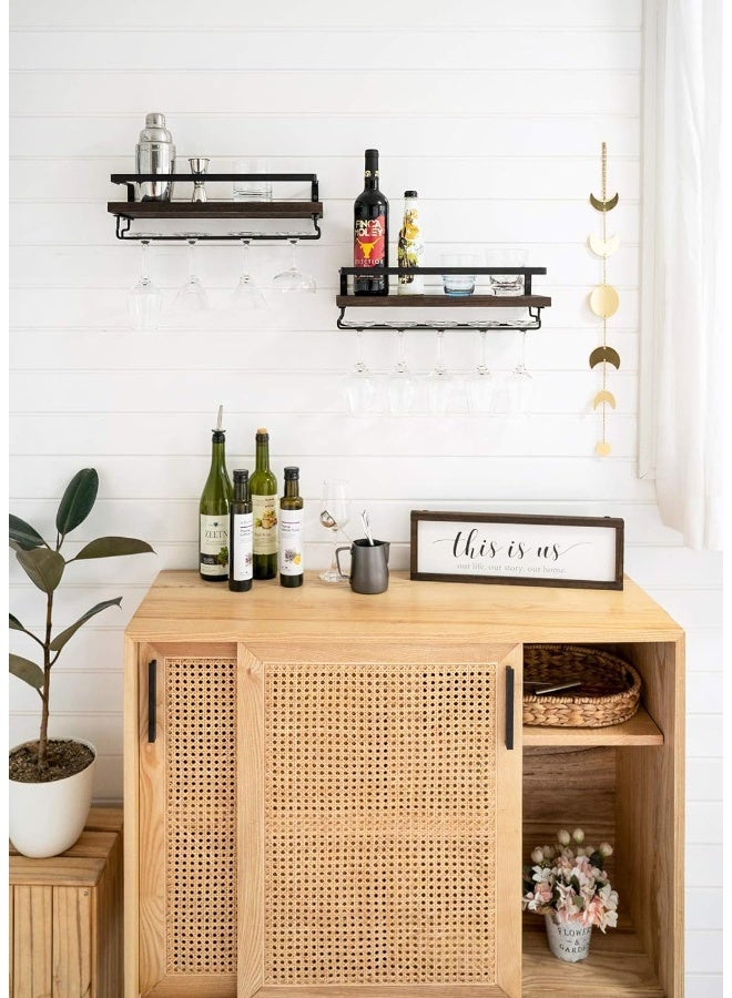 Mkono Wall Mounted Wine Rack Set Of 2 Wood Rustic Wine Bottle Glass Floating Shelves With Stemware Hanger Modern Plants Photos Wine Display Storage Holder For Kitchen Dining Room Bar, 17 Inch - Image 1