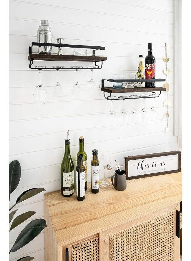 Mkono Wall Mounted Wine Rack Set Of 2 Wood Rustic Wine Bottle Glass Floating Shelves With Stemware Hanger Modern Plants Photos Wine Display Storage Holder For Kitchen Dining Room Bar, 17 Inch - Image 4