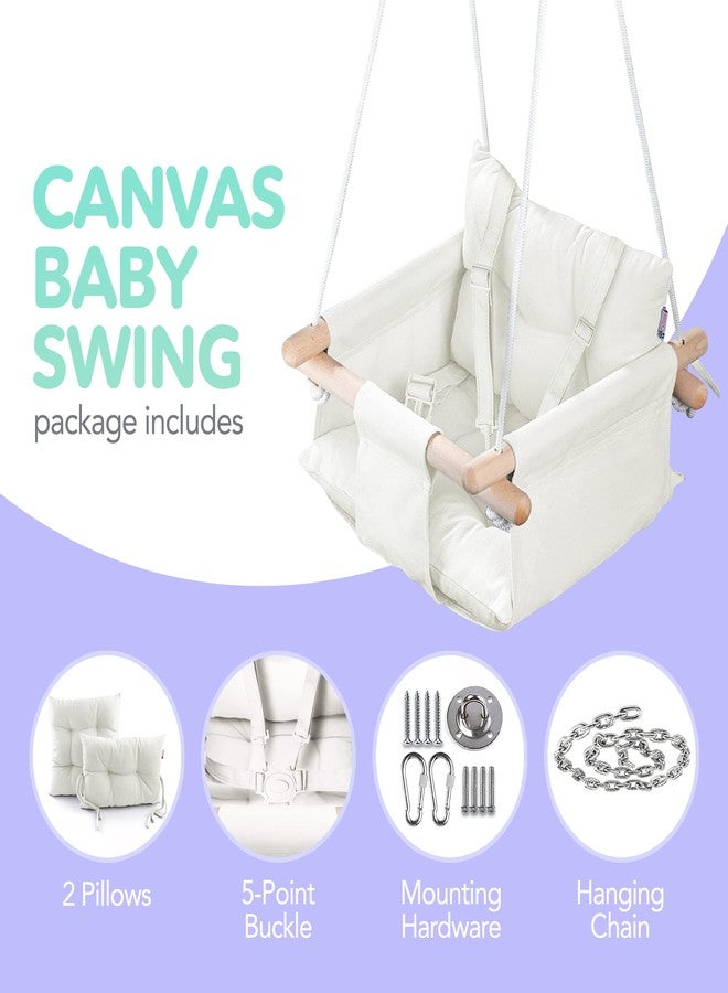 CaTeam - Canvas Baby Swing, Wooden Hanging Swing Seat Chair with Safety Belt, Durable Baby Swing Chair, Outdoor and Indoor Swing for Kids, Mounting Hardware Included, Ivory - Image 3