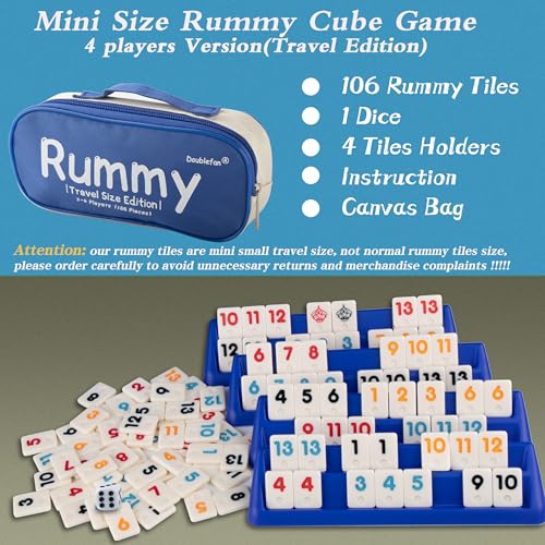 Doublefan Mini Rummy Cube Set, Mini Size Rummy Game with Portable Bag, Small Travel Game for Adult and Kids,106 Tiles, 4 Playing Rack, 1 Dice (2-4 Players) - Image 3