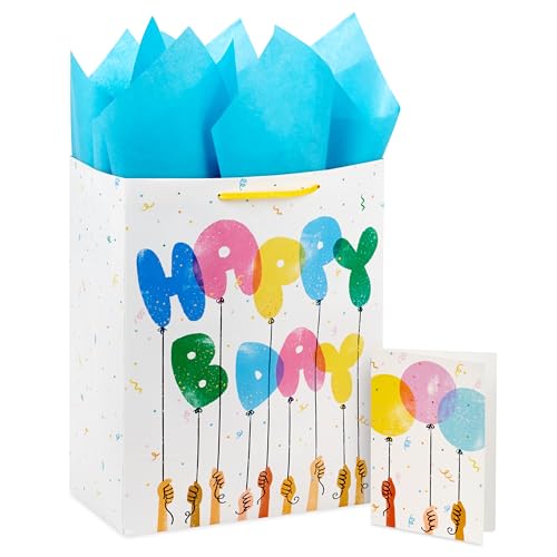 Hallmark 13 Large Gift Bag with Tissue Paper and Card Happy Bday Balloons for Kids Grandchildren Friend Coworkers - Image 1