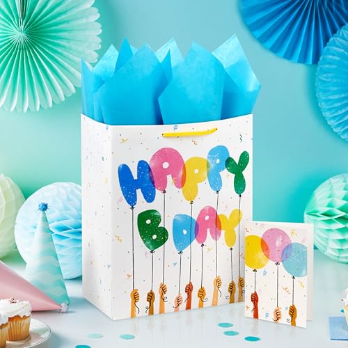 Hallmark 13 Large Gift Bag with Tissue Paper and Card Happy Bday Balloons for Kids Grandchildren Friend Coworkers - Image 3