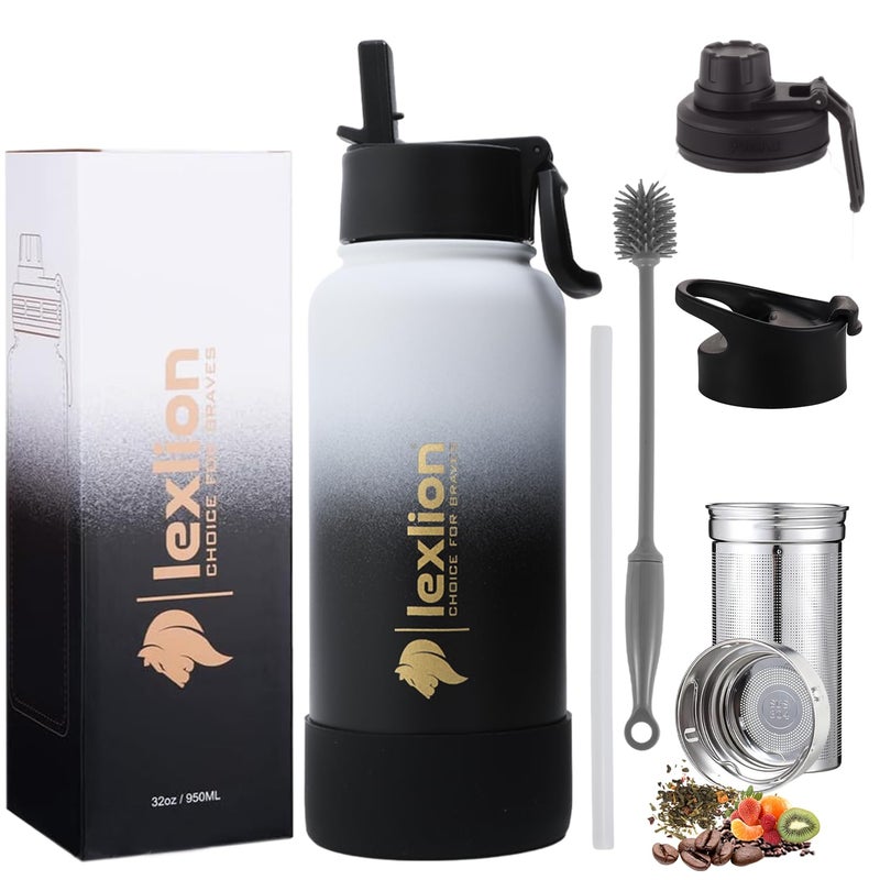 Lexlion 32 Oz Triple Walled Insulated Stainless Steel Fruit Infuser Water Bottle Leakproof 3 Lids Infuser Silicone Sleeve