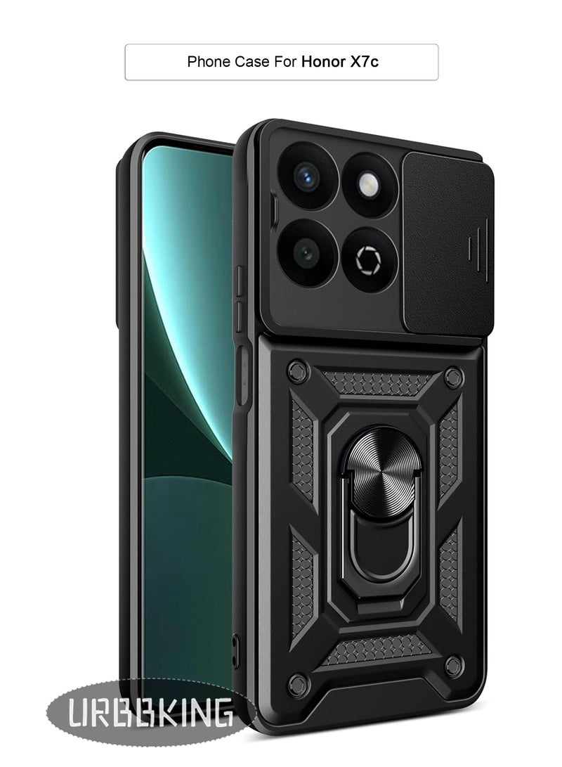 يوارب كينج جراب حماية مع غطاء كاميرا منزلق وحلقة دوارة 360 درجة جراب حماية شديد التحمل لهاتف Honor 200 Smart/Honor X7c باللون الأسود - Image 1