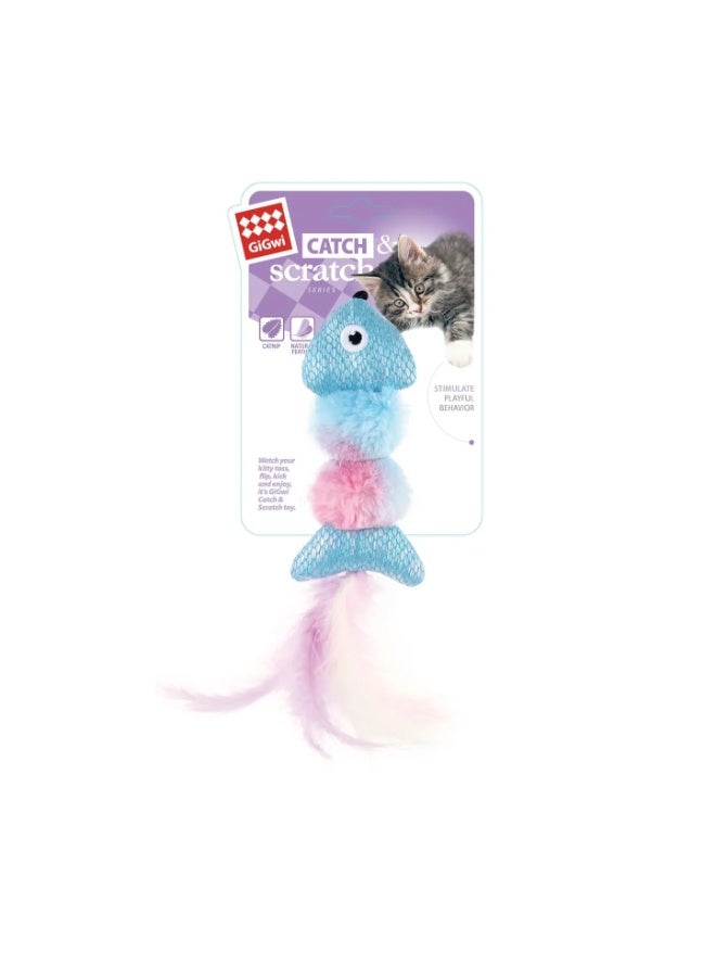 GiGwi Catch & Scratch Blue & Pink Fish Shaped Catnip Toy with Feathers (15.24x6.99x2.54cm) , 1 pcs - Image 1
