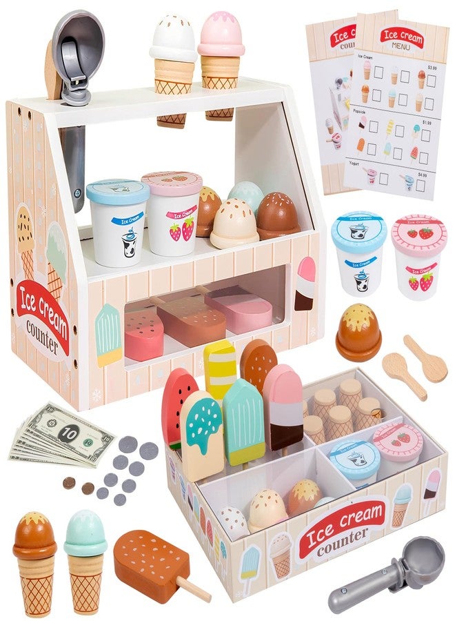 BBtinker Wooden Ice Cream Set Counter Toy for Toddlers, Wooden Play Food Kitchen Accessories, Pretend Play Ice Cream Shop Toys for Kids Ages 3+, Play Store with Fake Money & Coin - Image 1