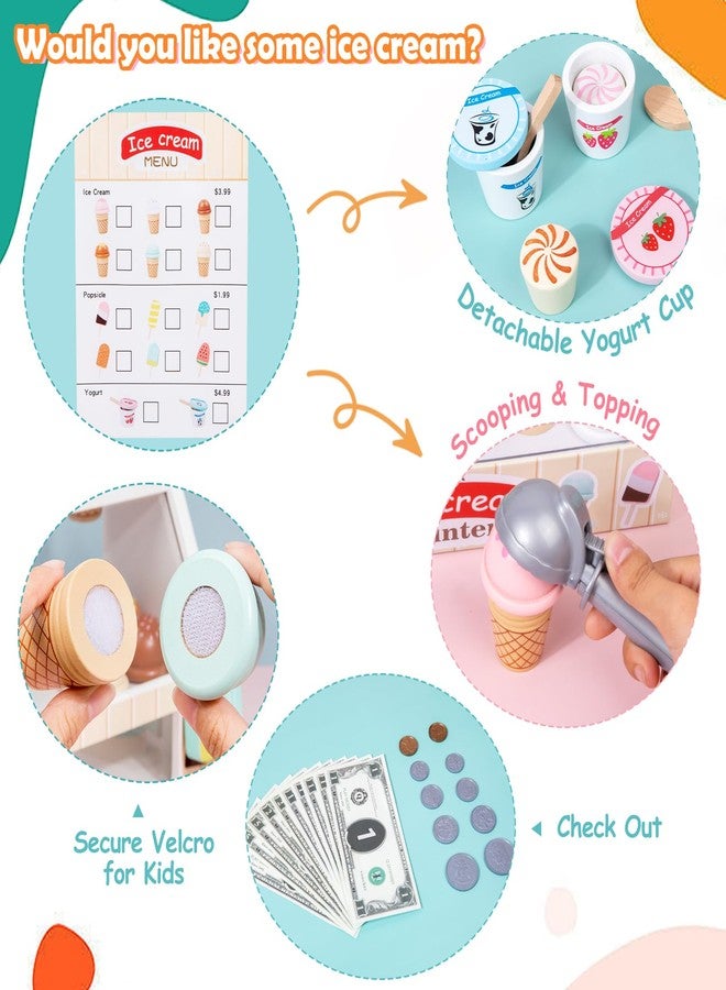 BBtinker Wooden Ice Cream Set Counter Toy for Toddlers, Wooden Play Food Kitchen Accessories, Pretend Play Ice Cream Shop Toys for Kids Ages 3+, Play Store with Fake Money & Coin - Image 4