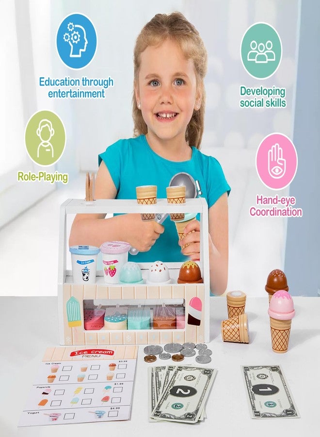 BBtinker Wooden Ice Cream Set Counter Toy for Toddlers, Wooden Play Food Kitchen Accessories, Pretend Play Ice Cream Shop Toys for Kids Ages 3+, Play Store with Fake Money & Coin - Image 3