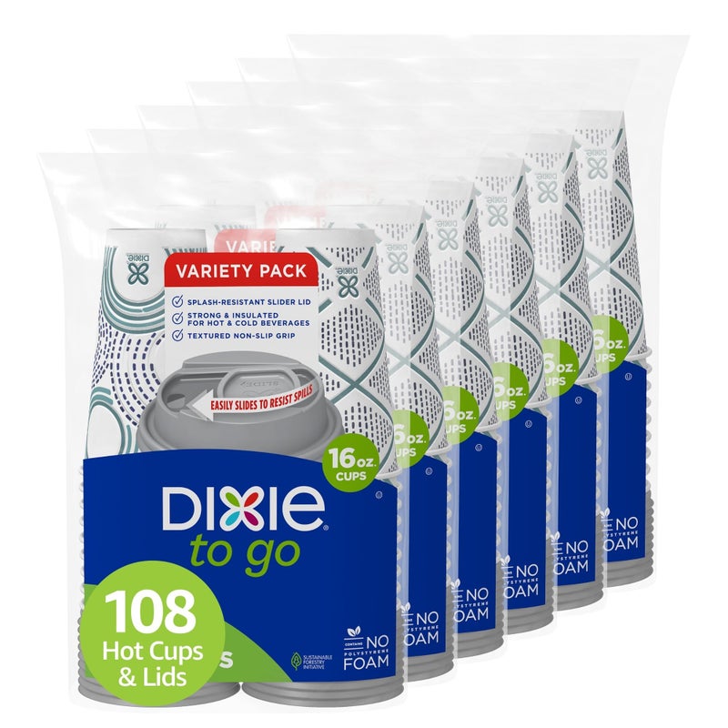 Dixie To Go Paper Coffee Cups With Lids, 16 oz, 108 Count (6 packs of 18 cups), Disposable Insulated Paper Cups for On-The-Go Hot or Cold Beverages - Image 1