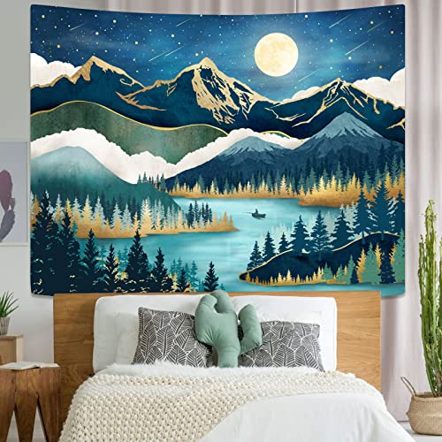 Accnicc Mountain Tapestry Nature Forest Tree Tapestries for Bedroom Aesthetic Starry Night Moon Stars Tapestrys Wall Hanging Teal Abstract Wall Tapestry for Dorm Living Room (Teal, 60'' × 44'') - Image 4