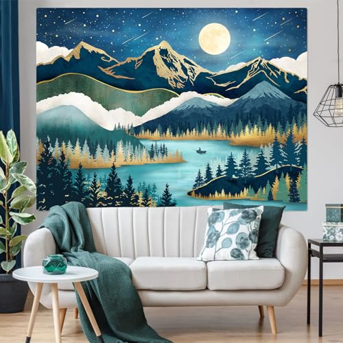Accnicc Mountain Tapestry Nature Forest Tree Tapestries for Bedroom Aesthetic Starry Night Moon Stars Tapestrys Wall Hanging Teal Abstract Wall Tapestry for Dorm Living Room (Teal, 60'' × 44'') - Image 3