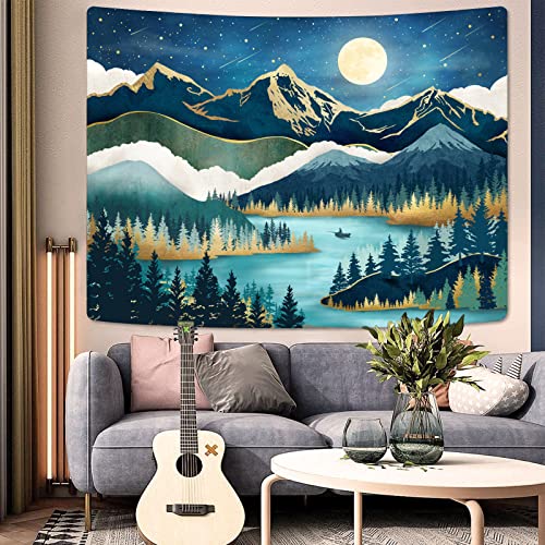 Accnicc Mountain Tapestry Nature Forest Tree Tapestries for Bedroom Aesthetic Starry Night Moon Stars Tapestrys Wall Hanging Teal Abstract Wall Tapestry for Dorm Living Room (Teal, 60'' × 44'') - Image 5