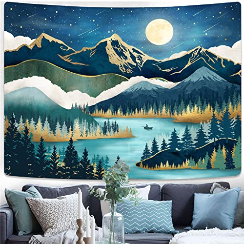 Accnicc Mountain Tapestry Nature Forest Tree Tapestries for Bedroom Aesthetic Starry Night Moon Stars Tapestrys Wall Hanging Teal Abstract Wall Tapestry for Dorm Living Room (Teal, 60'' × 44'') - Image 2