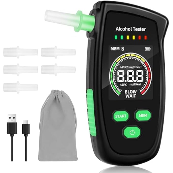 rayihni Electronic Breathalyser - Electronic Breathalyser with 5 Mouthpieces, Digital Alcohol Tester, Ethylometer with High Precision for Personal Testing at Home