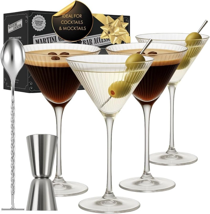VEMACITY - Ribbed Martini Glasses Set of 4 | Silver Bar Tools - 8oz Coupe Cocktail Glasses | Espresso Martini, Margarita, Manhattan, Cosmopolitan - Art Deco Cocktail Gift Set | Ideal for Christmas - Image 1