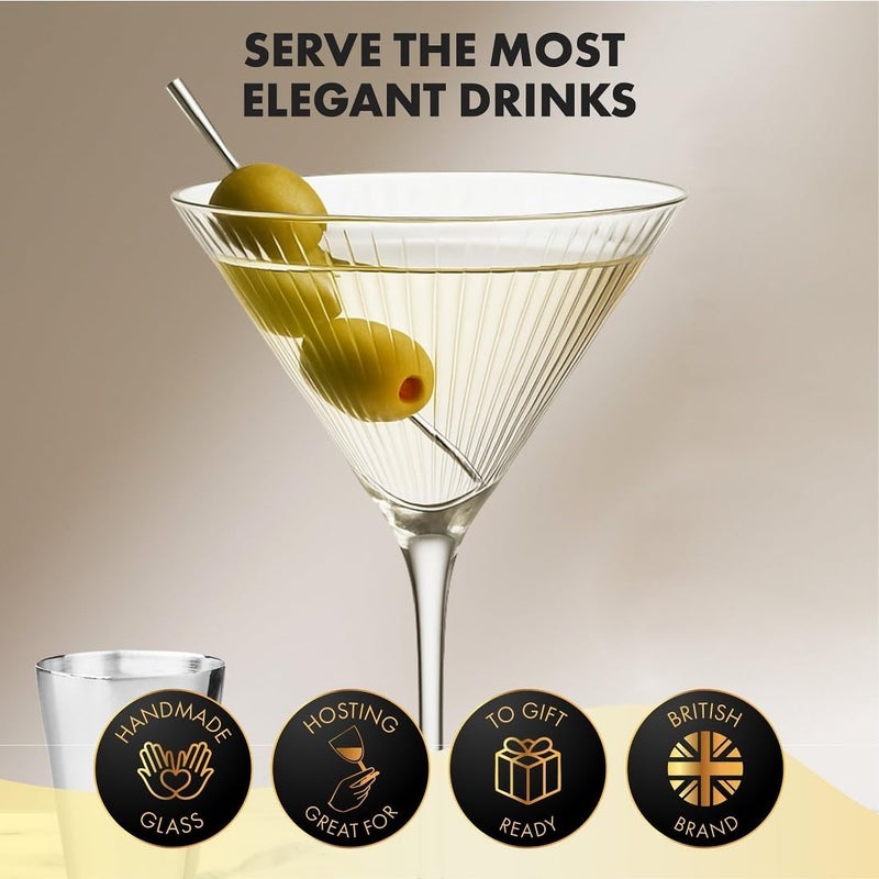 VEMACITY - Ribbed Martini Glasses Set of 4 | Silver Bar Tools - 8oz Coupe Cocktail Glasses | Espresso Martini, Margarita, Manhattan, Cosmopolitan - Art Deco Cocktail Gift Set | Ideal for Christmas - Image 2