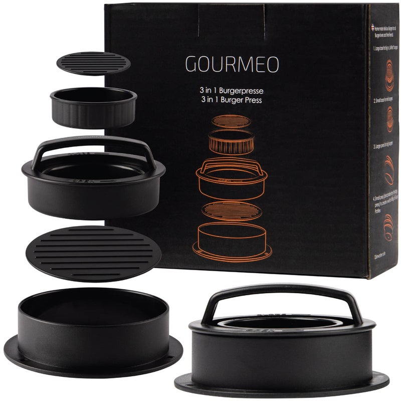 GOURMEO 3in1 Burgerpress Kit for small large or filled burger patties with 50 Free Wax Paper Discs included