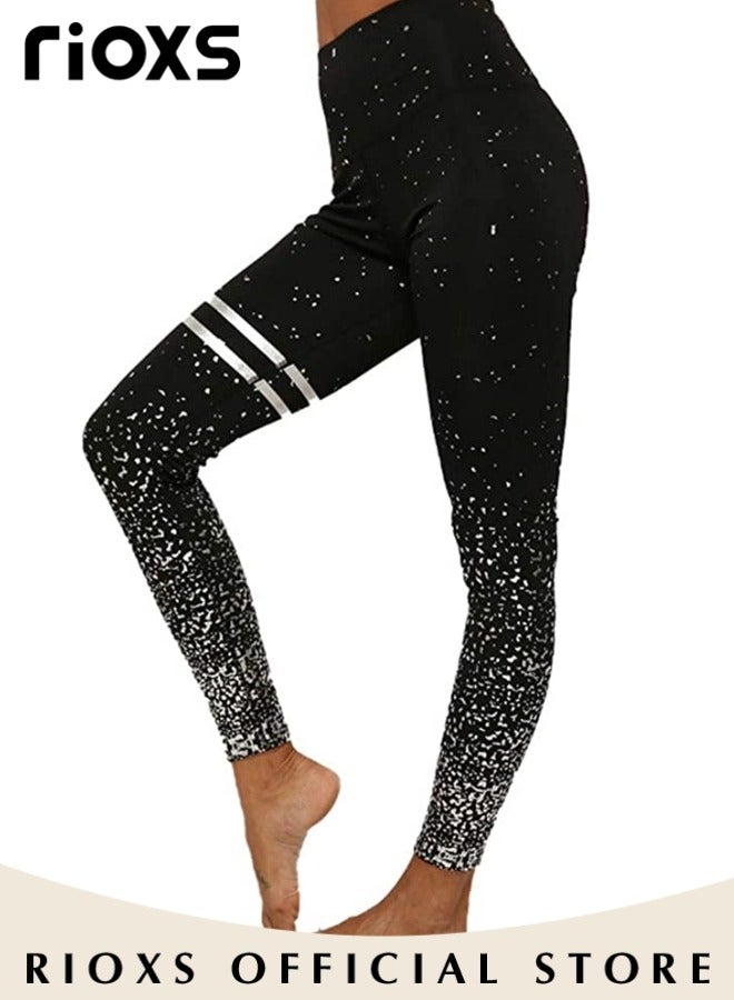 RIOXS Women's High Waisted Skinny Yoga Pants Black Silver Sports Leggings Tights Slim Fit 7/8 Length Leggings For Ladies Girls Women  - Image 2
